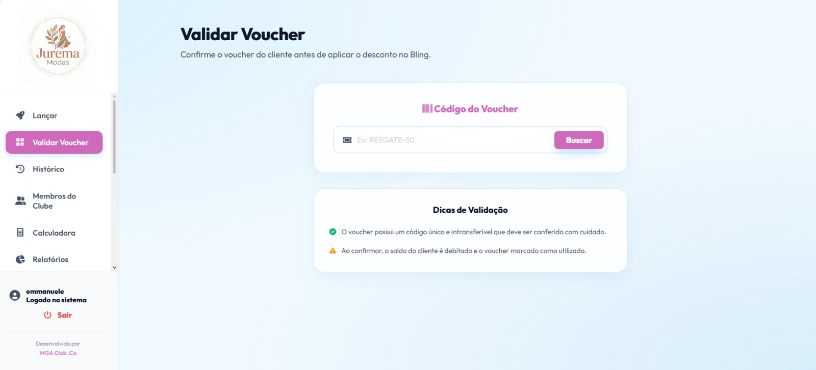 Tela de validação de voucher no sistema